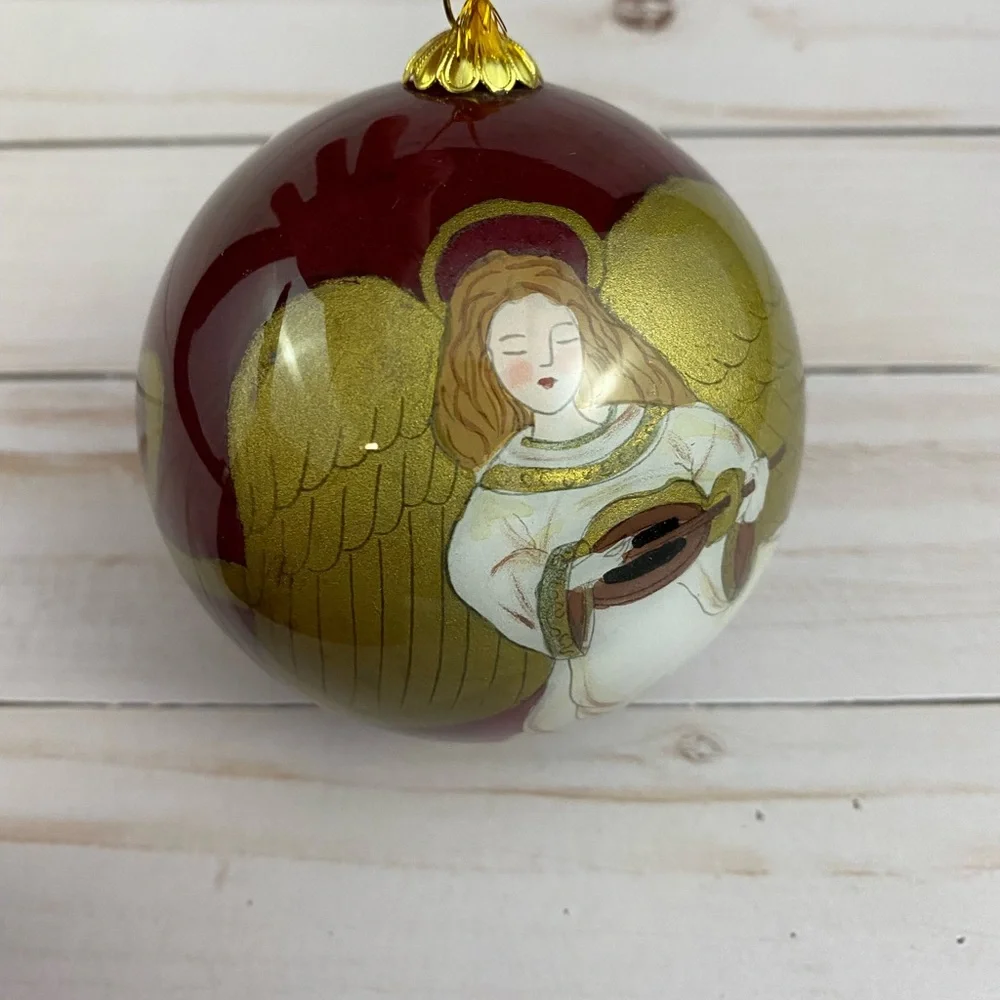 1999 Pier 1 Imports LI BIEN Angel Glass Ornament Burgundy & Gold in Box